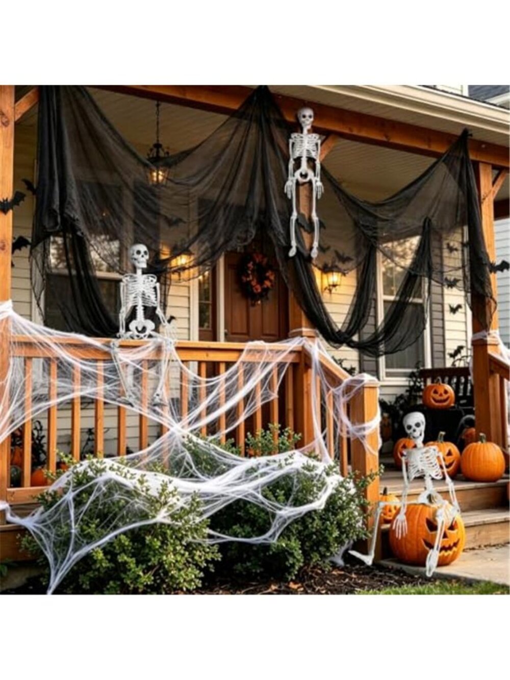 3 Pack 36in Halloween Skeletons,5 Pack 30x72in Black Creepy Cloth,300
